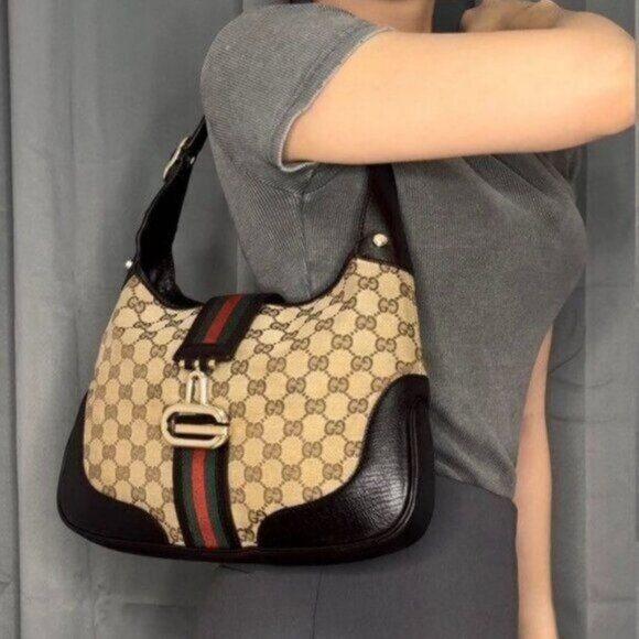 Authentic GUCCI GG Jackie Sherry Web Canvas Handbag Shoulder Bag Charm Ophidia - Picture 4 of 13